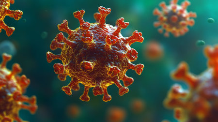 This depiction illustrates viruses suspended in a dim, textured setting, showcasing their glowing features amidst a gritty background. The interplay of light and shadow adds depth to the scene.の素材