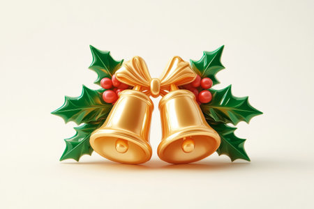 Two golden bells are arranged together adorned with vibrant holly leaves and shiny berries, creating a festive atmosphere perfect for holiday celebrations and seasonal decor.の素材