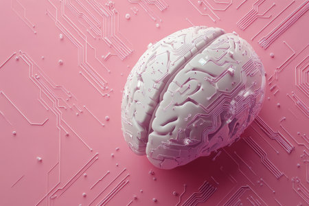 A pink background features a brain designed with intricate circuit patterns, symbolizing the intersection of technology and human intelligence. This artistic design showcases modern connections.の素材