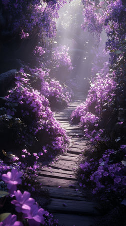 A peaceful pathway winds through lush purple flowers in a magical garden illuminated by soft morning light. The tranquil atmosphere invites exploration and reflection among natures beauty.の素材