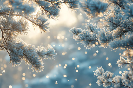 Frosted branches of pine trees catch the light of the sun on a winter morning, creating a sparkling effect. Snowflakes gently fall, enhancing the serene winter atmosphere.の素材