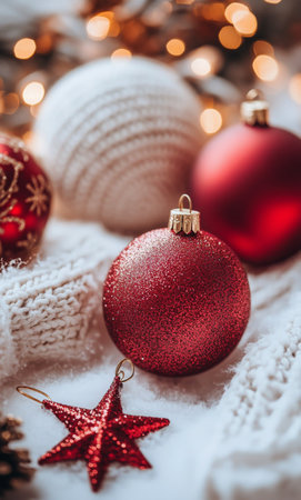 A vibrant red ornament rests on a snowy surface, surrounded by gold stars and decorative berries, creating a cozy holiday atmosphere. Soft lights twinkle in the background, enhancing the charm.の素材
