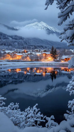 The young woman smiles softly while wearing a cozy scarf and sweater, surrounded by a winter landscape. Soft light from nearby cabins illuminates the snowy scene at dusk.の素材