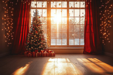 A beautifully decorated Christmas tree stands elegantly in a lavish hall. Sunlight streams through tall windows, creating a warm, festive atmosphere with presents underneath the tree.の素材
