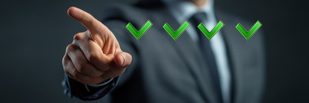 A business professional wearing a suit toward points three green check marks, symbolizing achievement and progress, during a corporate discussion or presentation in a darkened environment.の素材