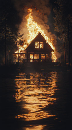 A cabin is fully engulfed in flames, casting a bright glow against the darkness of night. The nearby water reflects the fiery blaze, surrounded by towering trees.の素材
