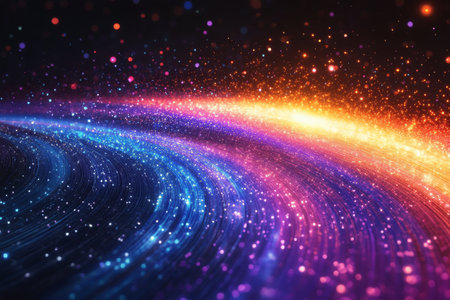 Bright streaks of pink, blue, and orange light stretch across a dark celestial background filled with stars. The vibrant colors create a sense of motion and energy in the cosmos.の素材