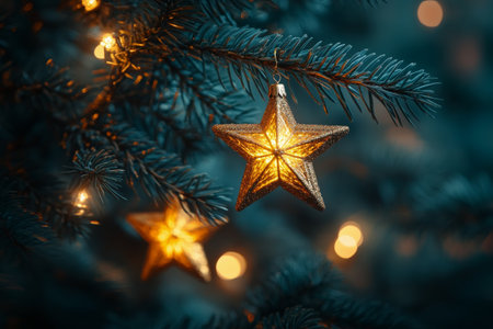A golden star ornament glimmers in the snowy branches of an evergreen tree, illuminated by soft lights. Snowflakes gently fall, creating a serene winter evening atmosphere.の素材