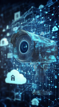 A digital camera sits on a tripod with a vibrant cloud symbol above it, showing intricate circuitry.の素材