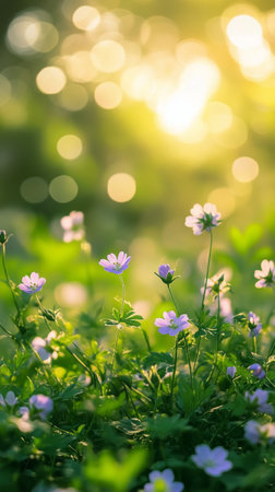 Colorful wildflowers bloom in a lush meadow, basking in soft sunlight during a serene spring afternoon. The scene captures the beauty of nature and the joy of the season.の素材