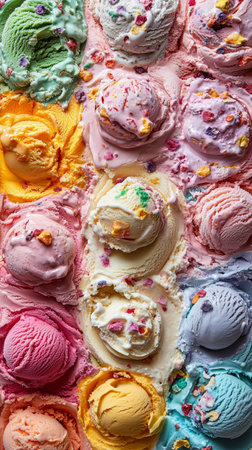 A vibrant arrangement of various ice cream flavors showcases delightful colors and textures. Each scoop is perfectly placed in rows, highlighting a rainbow of choices for ice cream lovers.の素材