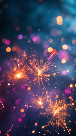 A vibrant sparkler emits bright light against a dark background filled with colorful bokeh effects, creating a festive atmosphere perfect for celebrations and special occasions.の素材