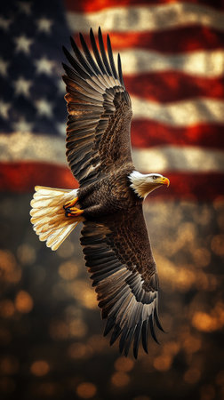 A bald eagle spreads its impressive wings while flying gracefully against a distressed American flag background. This moment captures the spirit of freedom and natures beauty.の素材