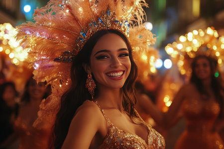 A joyful dancer adorned with a golden headdress and sparkling attire enjoys a vibrant carnival celebration.の素材