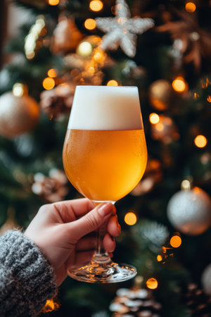 A hand holds a glass of cold beer, showcasing its golden hue and frothy top. Twinkling holiday lights and ornaments create a cheerful atmosphere in the background, enhancing the festive spirit.の素材