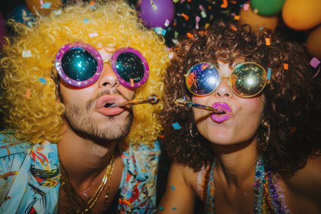 A man with purple hair and a woman with bright orange hair enjoy a festive atmosphere filled with balloons. They wear oversized sunglasses and share colorful treats, capturing the joy of celebration.の素材