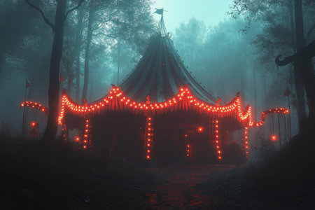 A large circus tent stands out against a dark sky, illuminated by warm lights reflecting on wet ground. Rain adds to the eerie atmosphere, enhancing the sense of mystery surrounding the tent.の素材