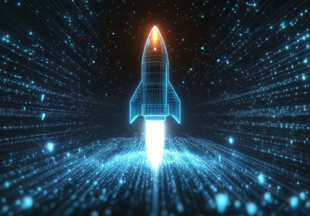 A sleek rocket takes off against a backdrop of vibrant digital particles. The launch creates a dynamic effect, emphasizing speed and energy in a cosmic environment.の素材