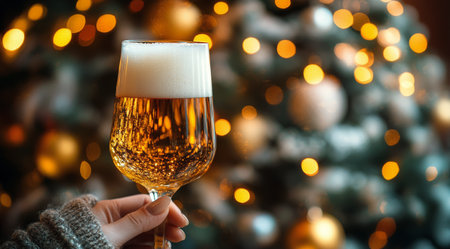 A hand elegantly holds a glass filled with a golden beverage, while a beautifully decorated Christmas tree twinkles in the background with soft, colorful lights.の素材