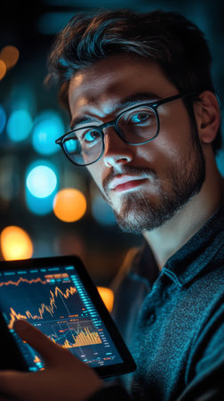 A young man with glasses intently examines financial data displayed on a tablet. The environment is dimly lit, creating a focused atmosphere as he analyzes market trends and statistics.の素材