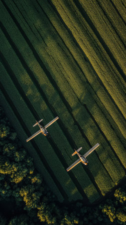 Two small aircraft are flying just above a lush green field, creating patterns on the crops as they navigate in the warm evening light, showcasing agricultural practices.の素材