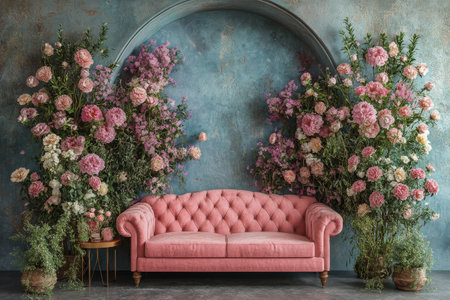 A charming pink tufted sofa is positioned against a decorative blue archway adorned with lush floral arrangements. The colorful flowers create a vibrant atmosphere in the room.の素材