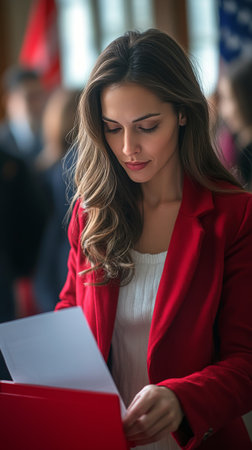 A woman focuses wearing a red blazer intently on reviewing important documents. The background shows a bustling office environment with blurred figures of colleagues engaged in discussions.の素材