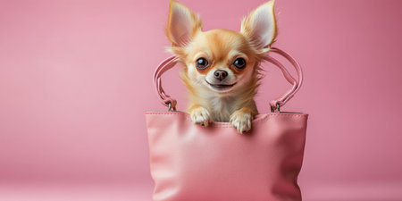A chihuahua with big ears and a playful expression is peeking from a stylish pink handbag. The bright pink backdrop enhances the cute appearance of the dog and the bag.の素材