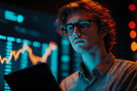 A focused young man wearing glasses studies market trends on his tablet while surrounded by a vibrant cityscape at night. The glowing skyline creates a dynamic backdrop to his analysis.の素材