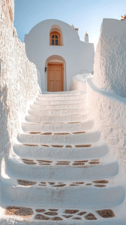 A series of whitewashed steps ascend to a charming wooden door in a quaint coastal village. The bright blue sky reflects the tranquil atmosphere of this picturesque setting, inviting exploration.の素材