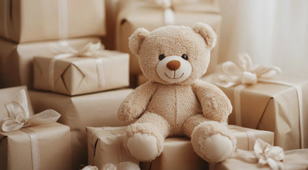 A soft bear is positioned on top of neatly wrapped brown gifts. The warm atmosphere creates a nostalgic and cheerful mood, perfect for celebrations or gifting moments.の素材
