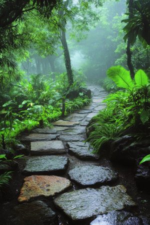 A serene stone path meanders through a lush forest, illuminated by soft lights amidst the fog. The scene captures a calm atmosphere in nature during early evening hours.の素材