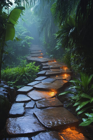 A serene stone path meanders through a lush forest, illuminated by soft lights amidst the fog. The scene captures a calm atmosphere in nature during early evening hours.の素材
