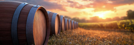 Wooden barrels are neatly arranged beside rows of grapevines, bathed in the warm glow of a sunset. The peaceful countryside creates a serene atmosphere as day transitions to night.の素材