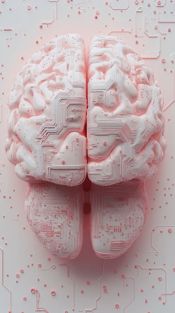 An artistic depiction of a brain showcases intricate circuit patterns on a vibrant pink backdrop. This artwork combines technology and human cognition, exploring the connection between them.の素材
