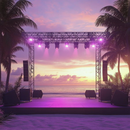 The concert stage, brightly lit with pink lights, stands on a sandy beach as the sun sets over the ocean, casting colorful reflections and shadows among palm trees.の素材