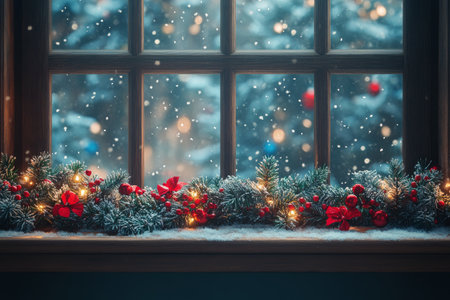 A cozy window displays festive decorations, including pine branches, golden ornaments, and soft lighting. Snow falls gently outside, creating a warm and inviting atmosphere during winter evenings.の素材