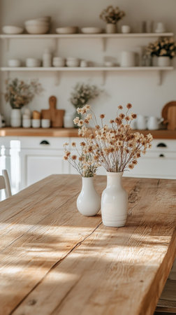 A minimalistic kitchen features a wooden table with a white vase filled with dried flowers. Natural light streams through the window, creating a cozy atmosphere.の素材