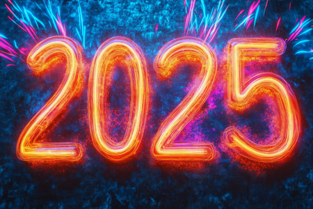 Bright, shimmering numbers reflect the excitement of celebrating the New Year 2025. The vibrant colors and glowing sparks create a joyful atmosphere for welcoming new beginnings.の素材