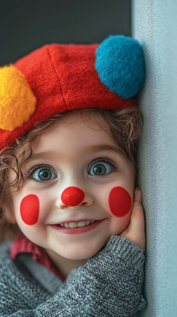 A joyful child with curly hair peeks from behind a wall, wearing a colorful clown costume with bright makeup, radiating happiness and excitement.の素材