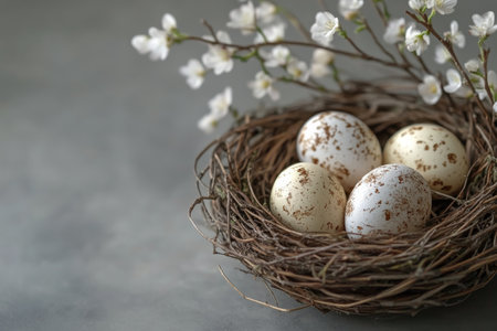A collection of beautifully decorated Easter eggs rests in a natural nest, complemented by delicate spring blossoms. The contrasting dark surface enhances the seasonal atmosphere.の素材