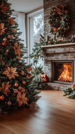 A living room features a Christmas tree with golden ornaments and intricate decorations beside a glowing fireplace. Garlands and wreaths create a festive atmosphere in the space.の素材