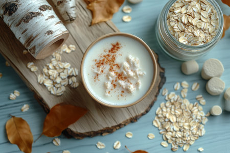 A ceramic cup filled with oat milk sits on a wooden round surface. Oats are scattered around, accompanied by green leaves and jars of oats, creating a natural and inviting setting.の素材
