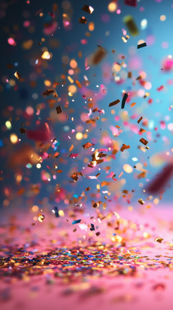 Colorful pieces of confetti cascade through the air, creating a joyful atmosphere filled with vibrant hues. The blurred background enhances the festive feeling of celebration.の素材