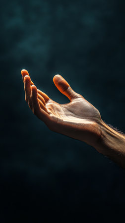 A solitary hand is extended forward, fingers slightly splayed, against a muted black backdrop. The soft lighting highlights the contours, creating a tranquil and inviting atmosphere.の素材