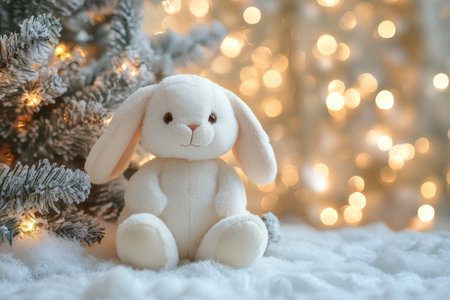 A soft white bunny toy sits happily on a fluffy surface, surrounded by a frosted Christmas tree and glimmering lights, creating a warm, festive atmosphere perfect for the holiday season.の素材