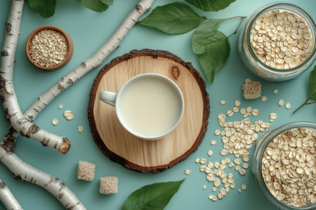 A ceramic cup filled with oat milk sits on a wooden round surface. Oats are scattered around, accompanied by green leaves and jars of oats, creating a natural and inviting setting.の素材