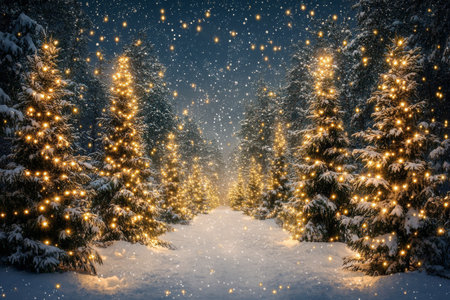 A tranquil pathway surrounded by tall, snow covered trees glows with warm lights. Snowflakes gently fall, creating a serene winter landscape at night, evoking a magical holiday atmosphere.の素材