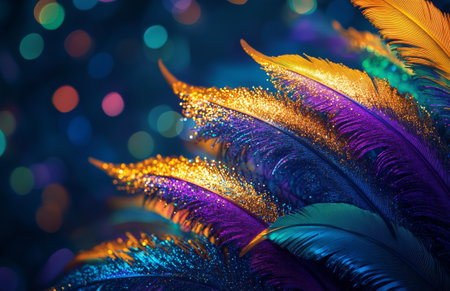 Vibrant feathers in pink, blue, and orange display sparkling glitter, set against a dreamy bokeh background filled with warm tones, creating a lively festive atmosphere.の素材