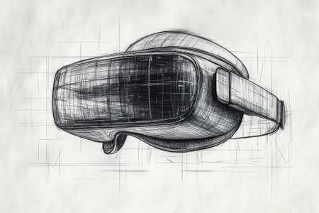 This artwork showcases a detailed sketch of an individual wearing virtual reality goggles, immersed in an advanced digital world filled with vibrant visuals and technological elements.の素材